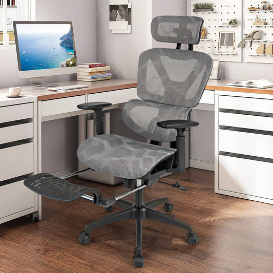 Mesh Office Chair with Tilting Backrest and Retractable Footrest, Gray - Gallery Canada