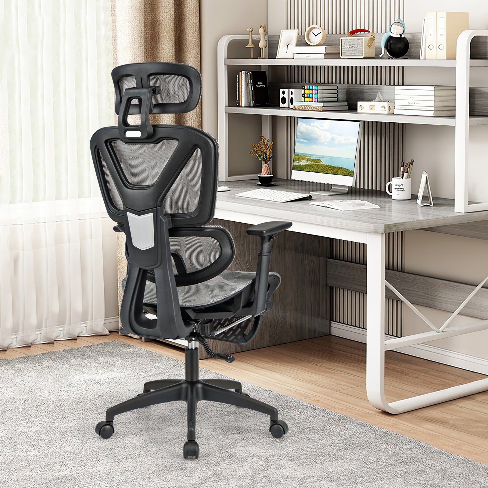 Mesh Office Chair with Tilting Backrest and Retractable Footrest, Gray Mesh Chairs at Gallery Canada