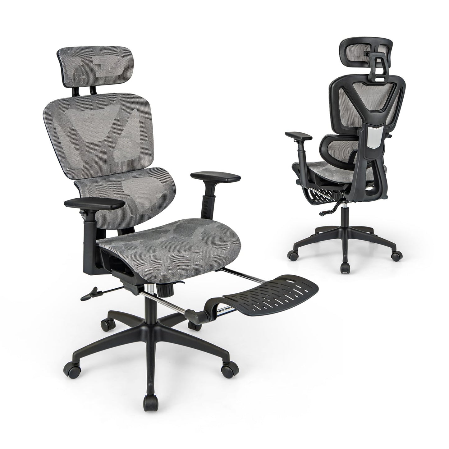 Mesh Office Chair, Tilting Backrest, Retractable Footrest, Gray