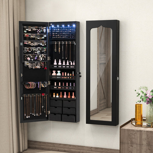 Lockable Wall Mounted Mirror Jewelry Armoire with 5 LEDs and 6 Drawers, Black - Gallery Canada