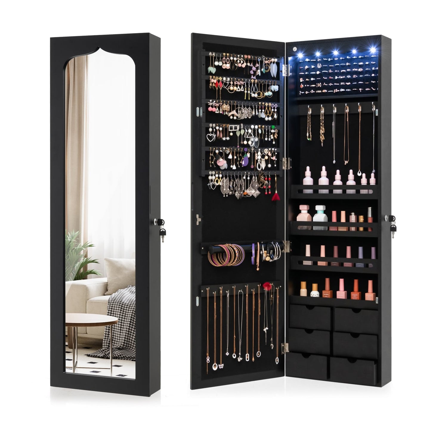 Wall Mounted Mirror Jewelry Armoire, Lockable, 5 LEDs, 6 Drawers, Black Jewelry Armoires Black at Gallery Canada