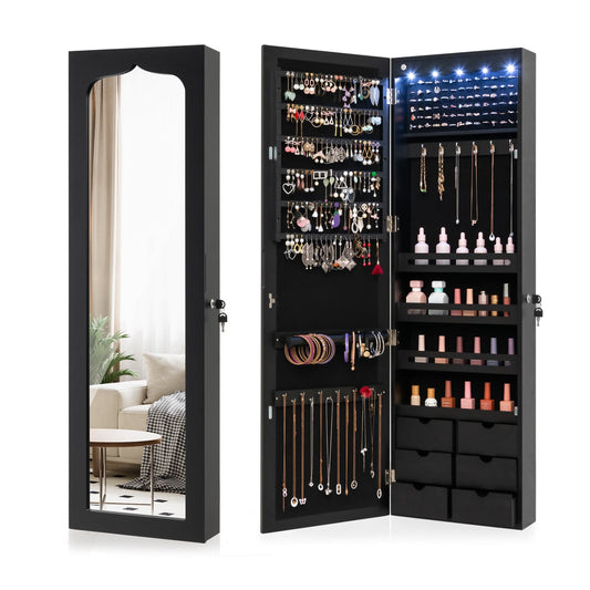 Wall Mounted Mirror Jewelry Armoire, Lockable, 5 LEDs, 6 Drawers, Black Jewelry Armoires Black at Gallery Canada
