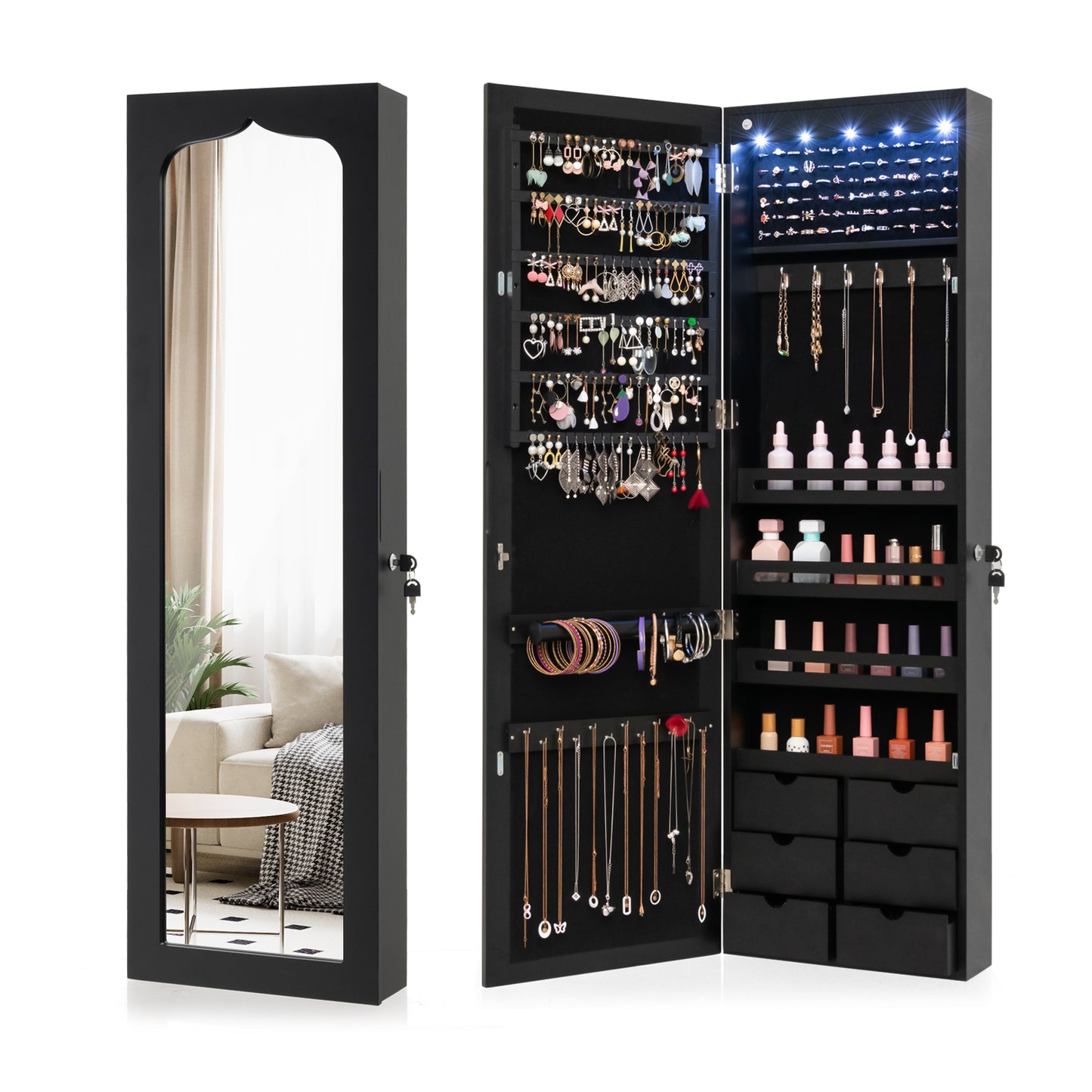 Lockable Wall Mounted Mirror Jewelry Armoire with 5 LEDs and 6 Drawers, Black Jewelry Armoires Black at Gallery Canada