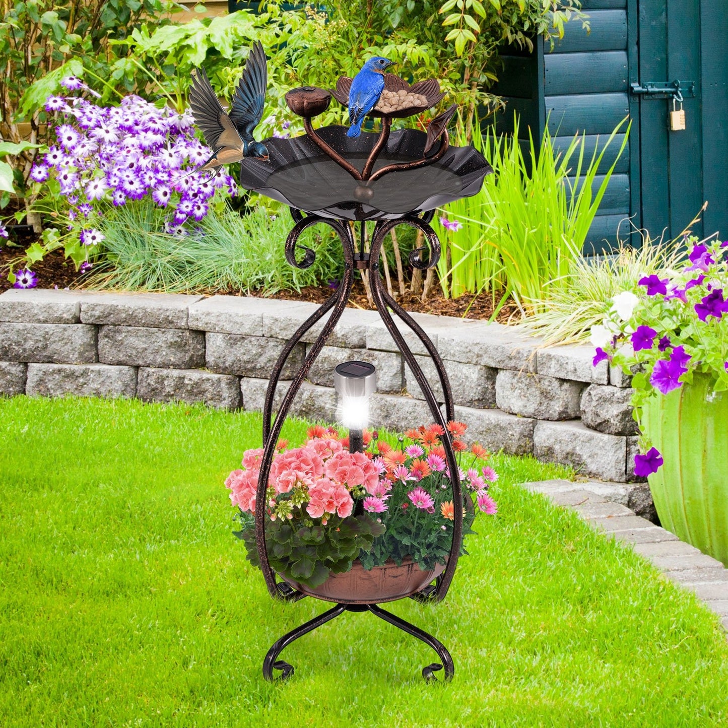 Solar Outdoor Bird Bath Feeder Combo with Flower Planter Pedestal and Solar Lights, Copper