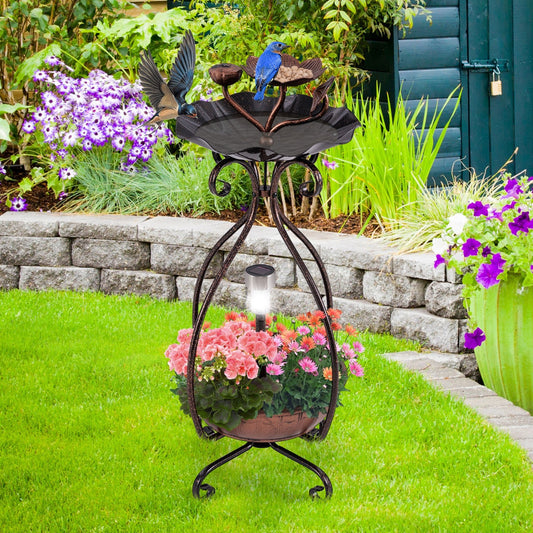 Solar Outdoor Bird Bath Feeder Combo with Flower Planter Pedestal and Solar Lights, Copper - Gallery Canada