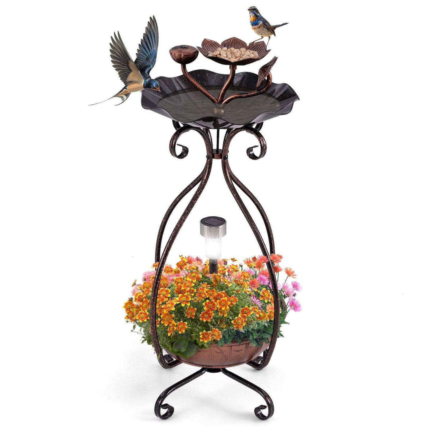 Solar Outdoor Bird Bath Feeder Combo with Flower Planter Pedestal and Solar Lights, Copper
