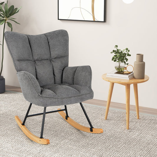 Linen Nursery Rocking Chair with High Backrest and Padded Armrests, Gray - Gallery Canada