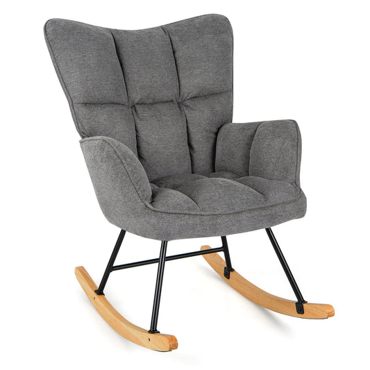 Linen Nursery Rocking Chair with High Backrest and Padded Armrests, Gray - Gallery Canada