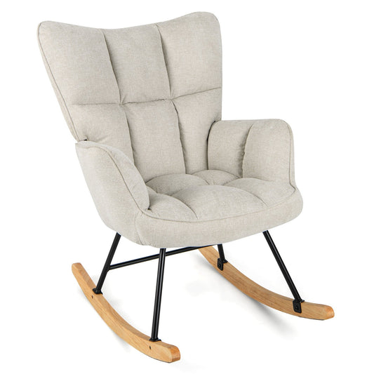Linen Nursery Rocking Chair with High Backrest and Padded Armrests, White - Gallery Canada