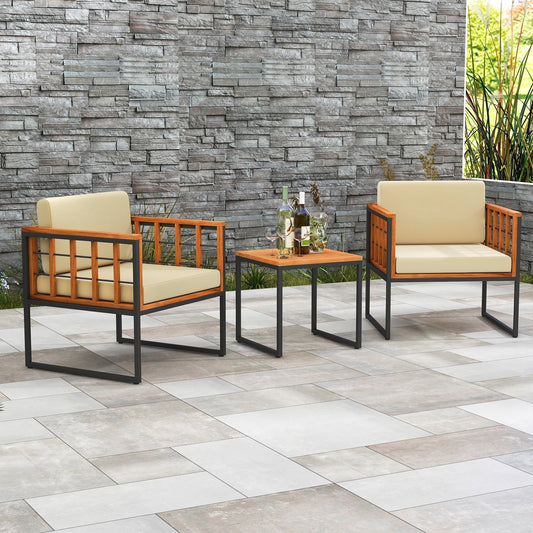 3 Pieces Patio Chair Set Acacia Wood Outdoor Sofa Set with Soft Cushions, Beige - Gallery Canada