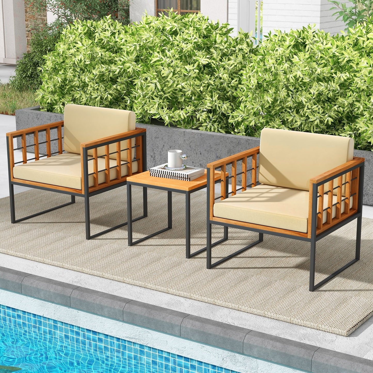 3 Pieces Patio Chair Set Acacia Wood Outdoor Sofa Set with Soft Cushions, Beige