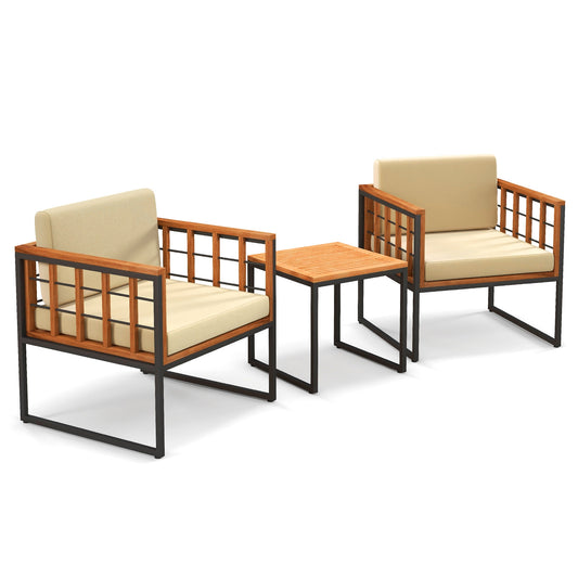 3 Pieces Patio Chair Set Acacia Wood Outdoor Sofa Set with Soft Cushions, Beige Patio Conversation Sets Beige at Gallery Canada