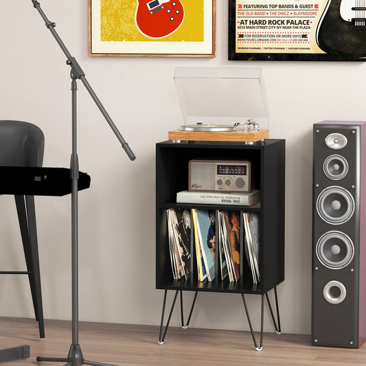 Record Player Stand with Charging Station for Living Room Bedroom, Black - Gallery Canada