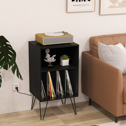 Record Player Stand with Charging Station for Living Room Bedroom, Black