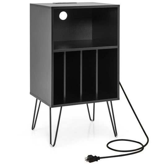 Record Player Stand with Charging Station for Living Room Bedroom, Black End & Side Tables Black at Gallery Canada