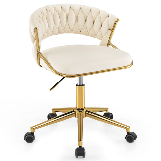 360° Height Adjustable Swivel Upholstered Desk Computer Chair with Hand-woven Back, Beige - Gallery Canada