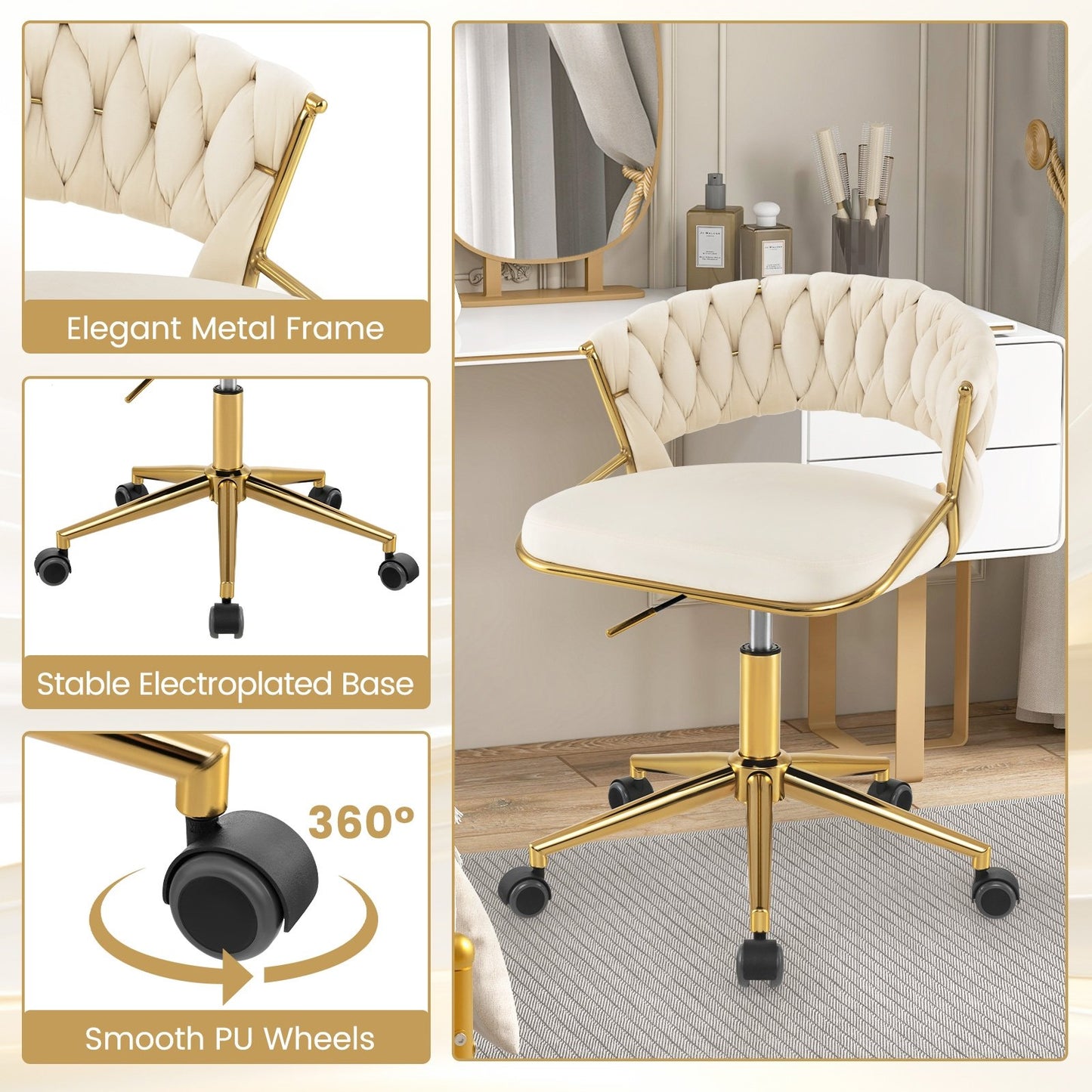 360° Height Adjustable Swivel Upholstered Desk Computer Chair with Hand-woven Back, Beige