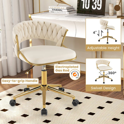 360° Height Adjustable Swivel Upholstered Desk Computer Chair with Hand-woven Back, Beige