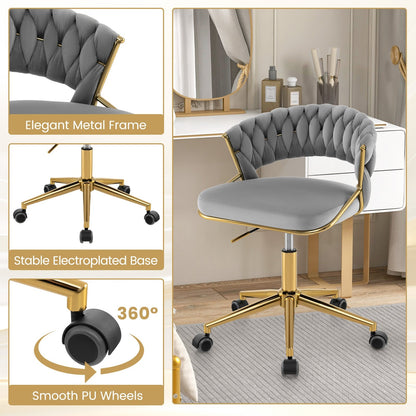 360° Height Adjustable Swivel Upholstered Desk Computer Chair with Hand-woven Back, Gray