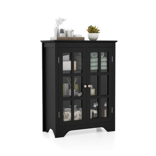Freestanding Display Storage Cabinet with 2 Glass Doors and Adjustable Shelves, Black