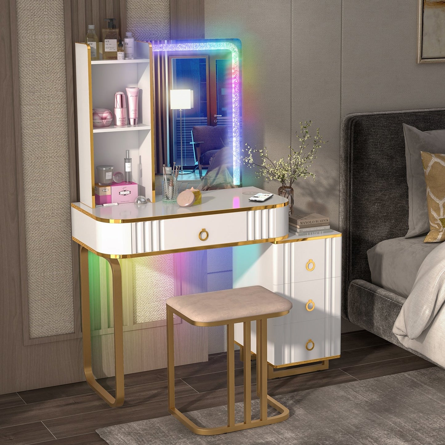 Vanity Table Set with RGB LED Lights and Wireless Charging Station, White