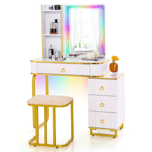 Vanity Table Set with RGB LED Lights and Wireless Charging Station, White