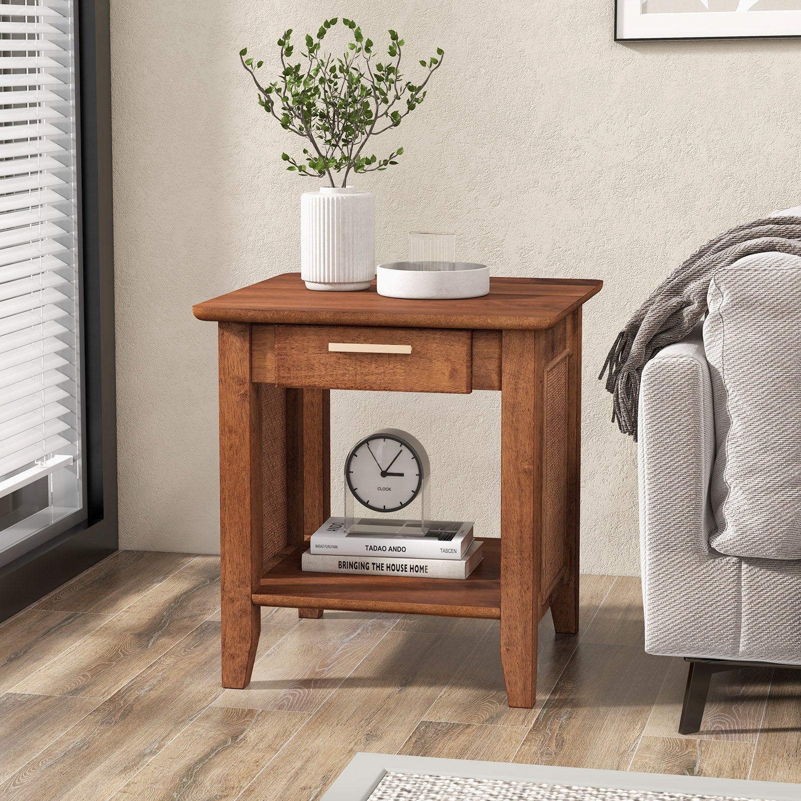 Rattan Nightstand End Table with Drawer and Storage Shelf, Walnut Nightstands at Gallery Canada