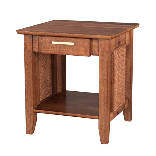 Rattan Nightstand End Table with Drawer and Storage Shelf, Walnut