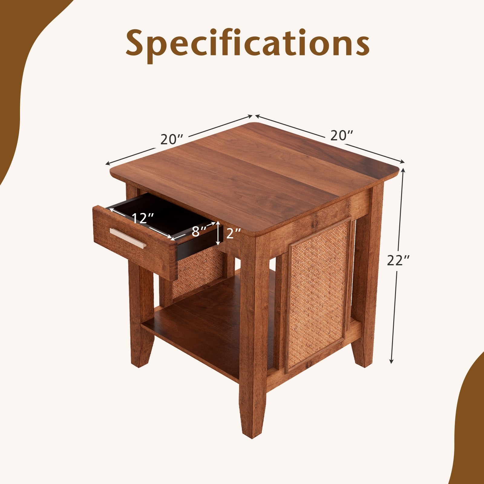 Rattan Nightstand End Table with Drawer and Storage Shelf, Walnut Nightstands at Gallery Canada
