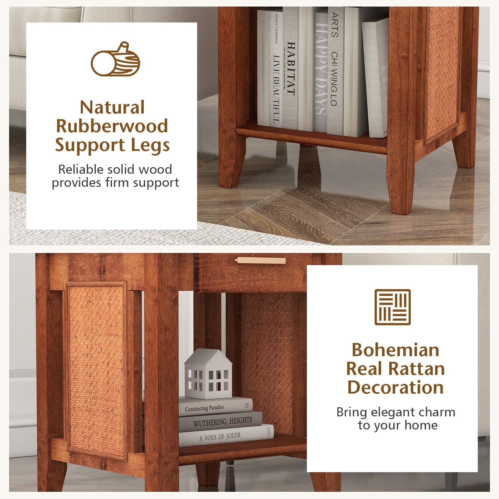 Rattan Nightstand End Table with Drawer and Storage Shelf, Walnut Nightstands at Gallery Canada