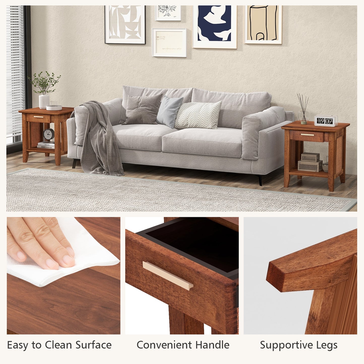 Rattan Nightstand End Table with Drawer and Storage Shelf, Walnut Nightstands at Gallery Canada