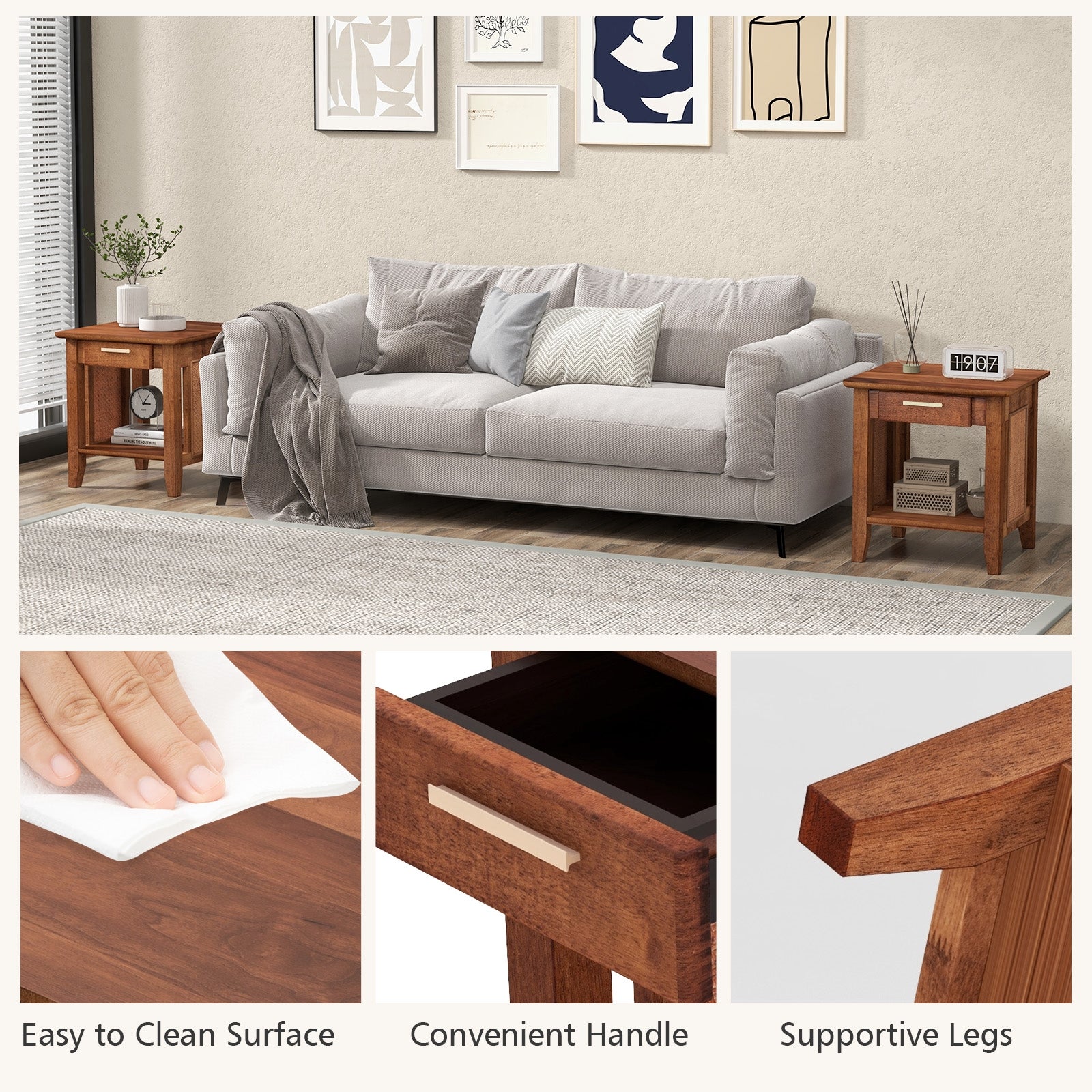 Rattan Nightstand End Table with Drawer and Storage Shelf, Walnut Nightstands at Gallery Canada