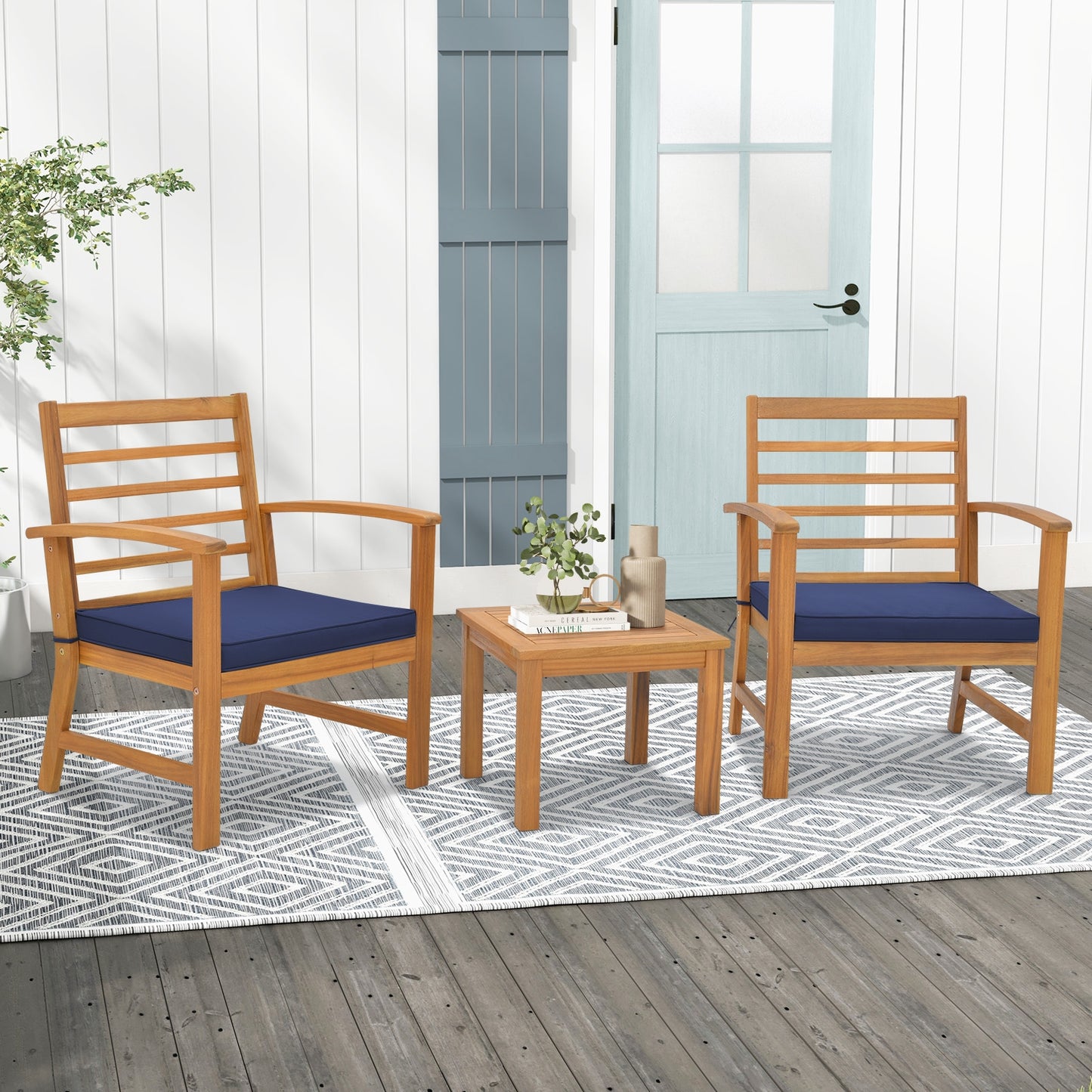 3 Pieces Outdoor Furniture Set with Soft Seat Cushions, Navy Patio Conversation Sets at Gallery Canada