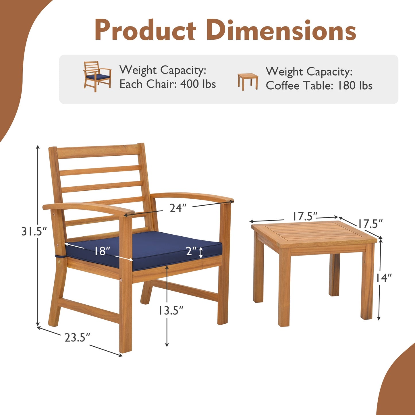 3 Pieces Outdoor Furniture Set with Soft Seat Cushions, Navy Patio Conversation Sets at Gallery Canada