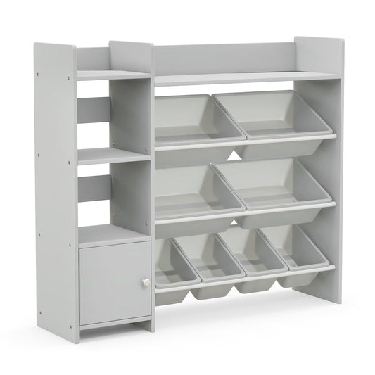 4-Tier Kids Bookshelf and Toy Storage Rack with 8 Toy Organizer Bins-Grey, Gray