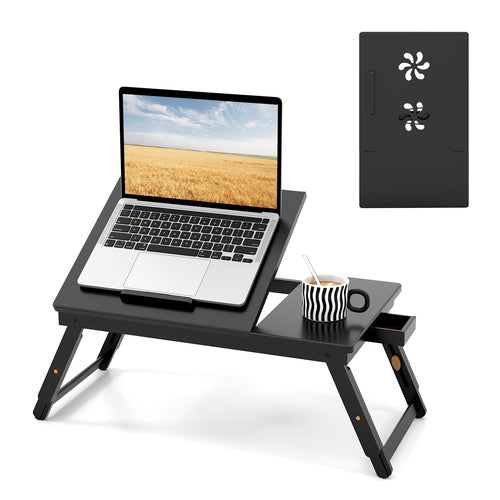 Adjustable Bamboo Laptop Desk, Tilting Top, Drawer, Brown