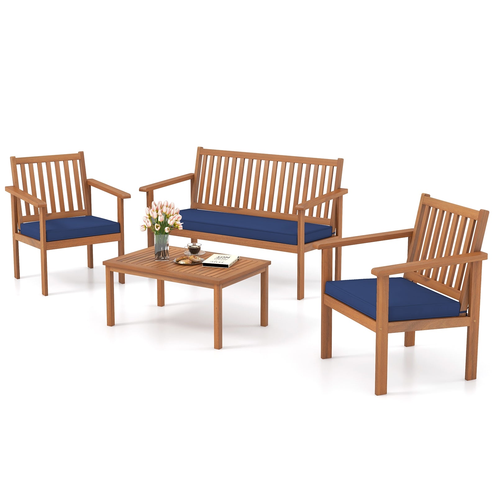 4 Piece Acacia Wood Patio Sofa Set, Loveseat, Navy Patio Conversation Sets at Gallery Canada