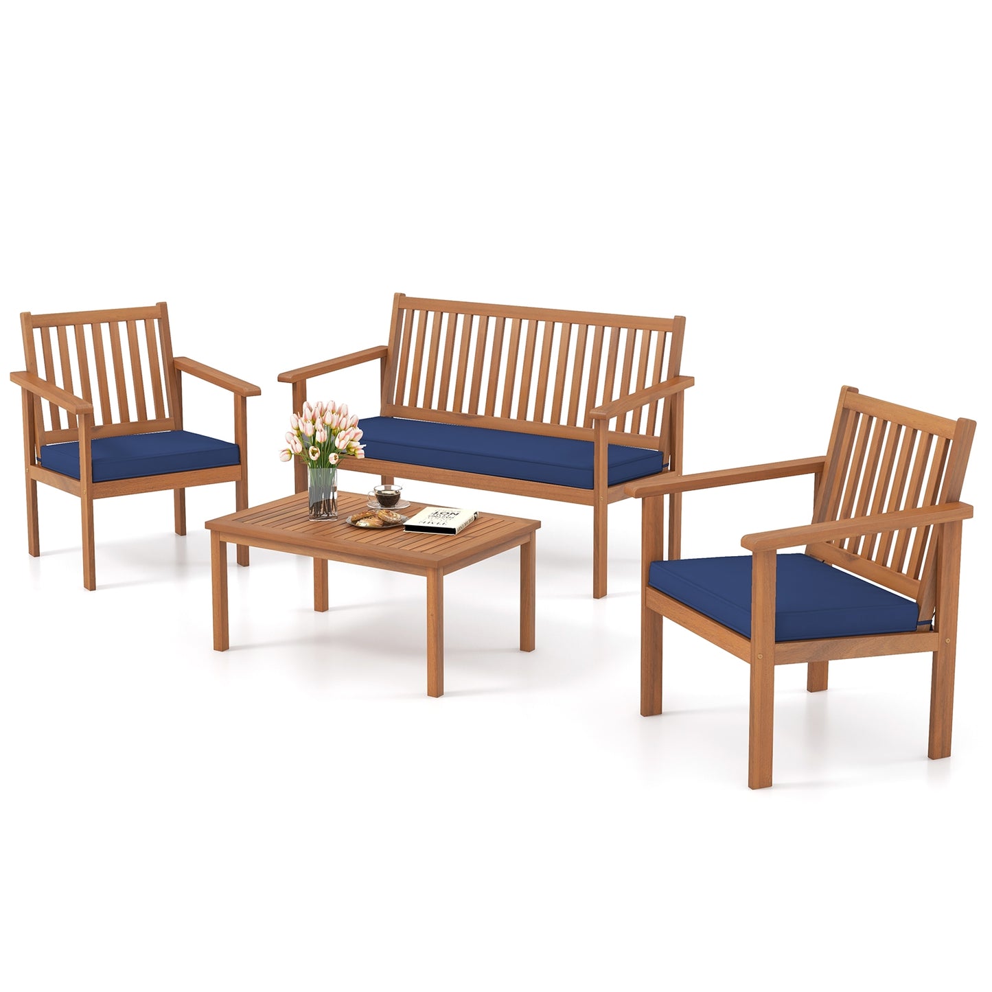 4 Piece Acacia Wood Patio Sofa Set, Loveseat, Navy Patio Conversation Sets at Gallery Canada