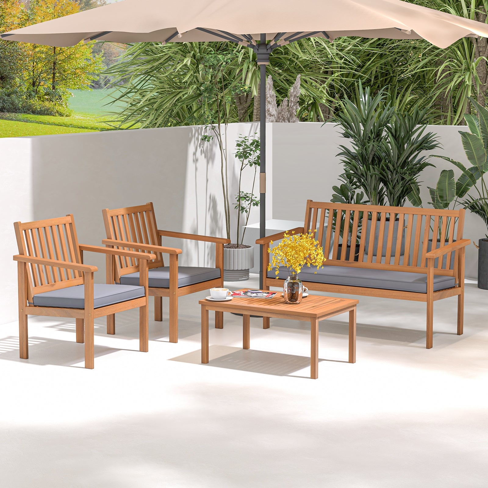 4 Piece Patio Wood Furniture Set Acacia Wood Sofa Set with Loveseat, Gray Patio Conversation Sets at Gallery Canada