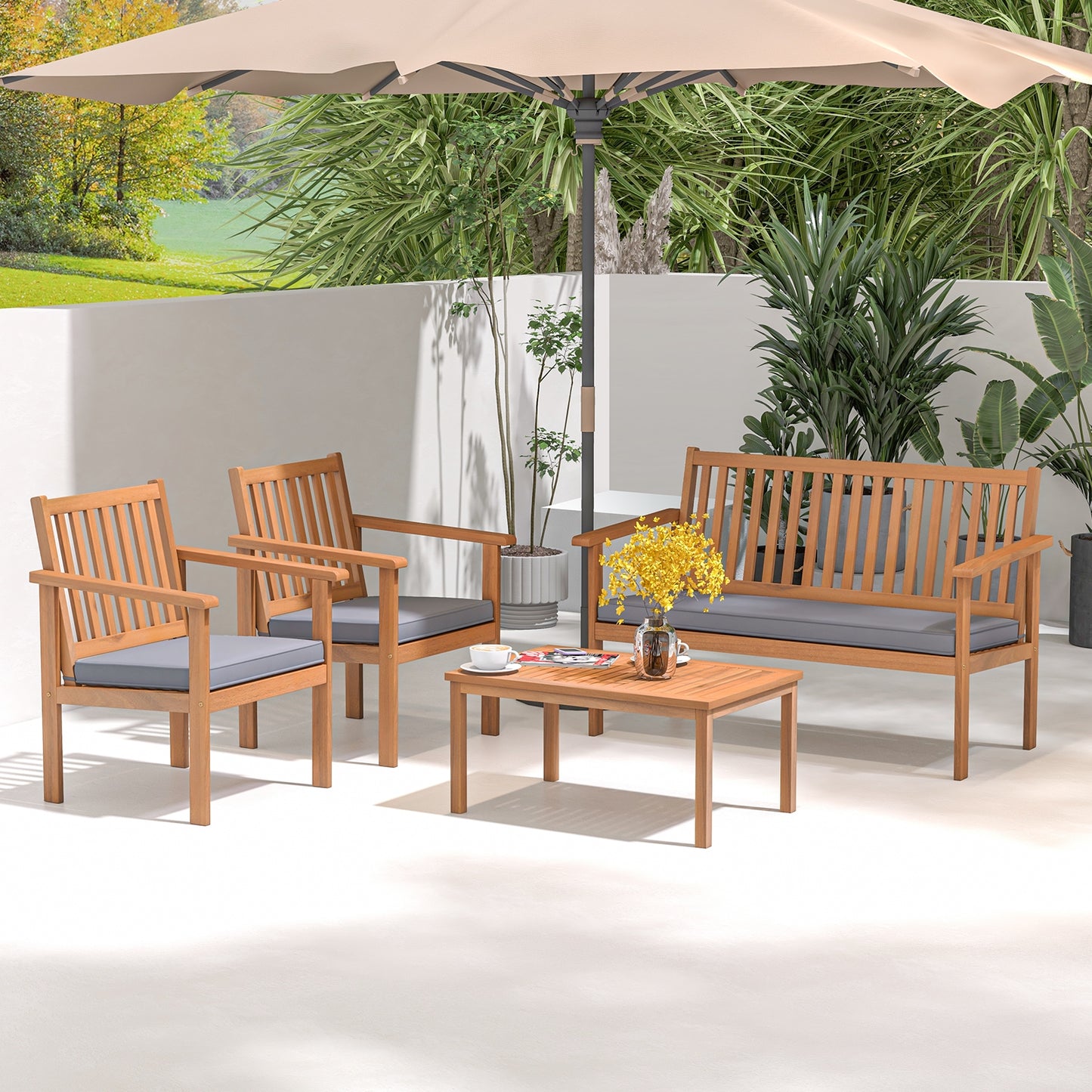 4 Piece Patio Wood Furniture Set Acacia Wood Sofa Set with Loveseat, Gray Patio Conversation Sets at Gallery Canada