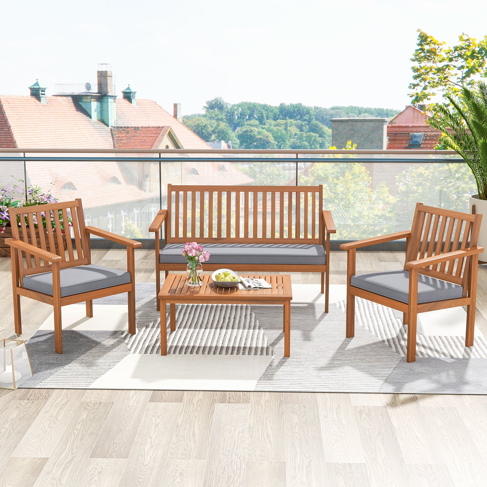 4 Piece Patio Wood Furniture Set Acacia Wood Sofa Set with Loveseat, Gray Patio Conversation Sets at Gallery Canada