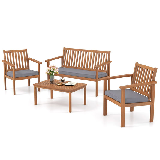 4 Piece Patio Wood Furniture Set Acacia Wood Sofa Set with Loveseat, Gray - Gallery Canada
