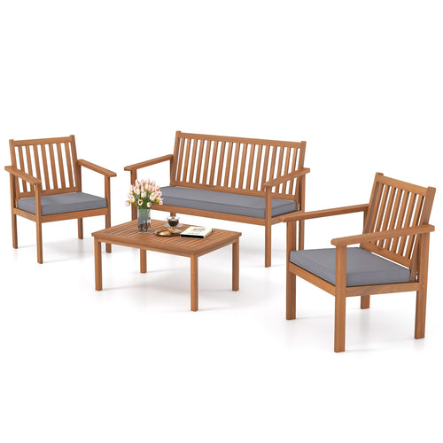 4 Piece Acacia Wood Patio Sofa Set, Gray