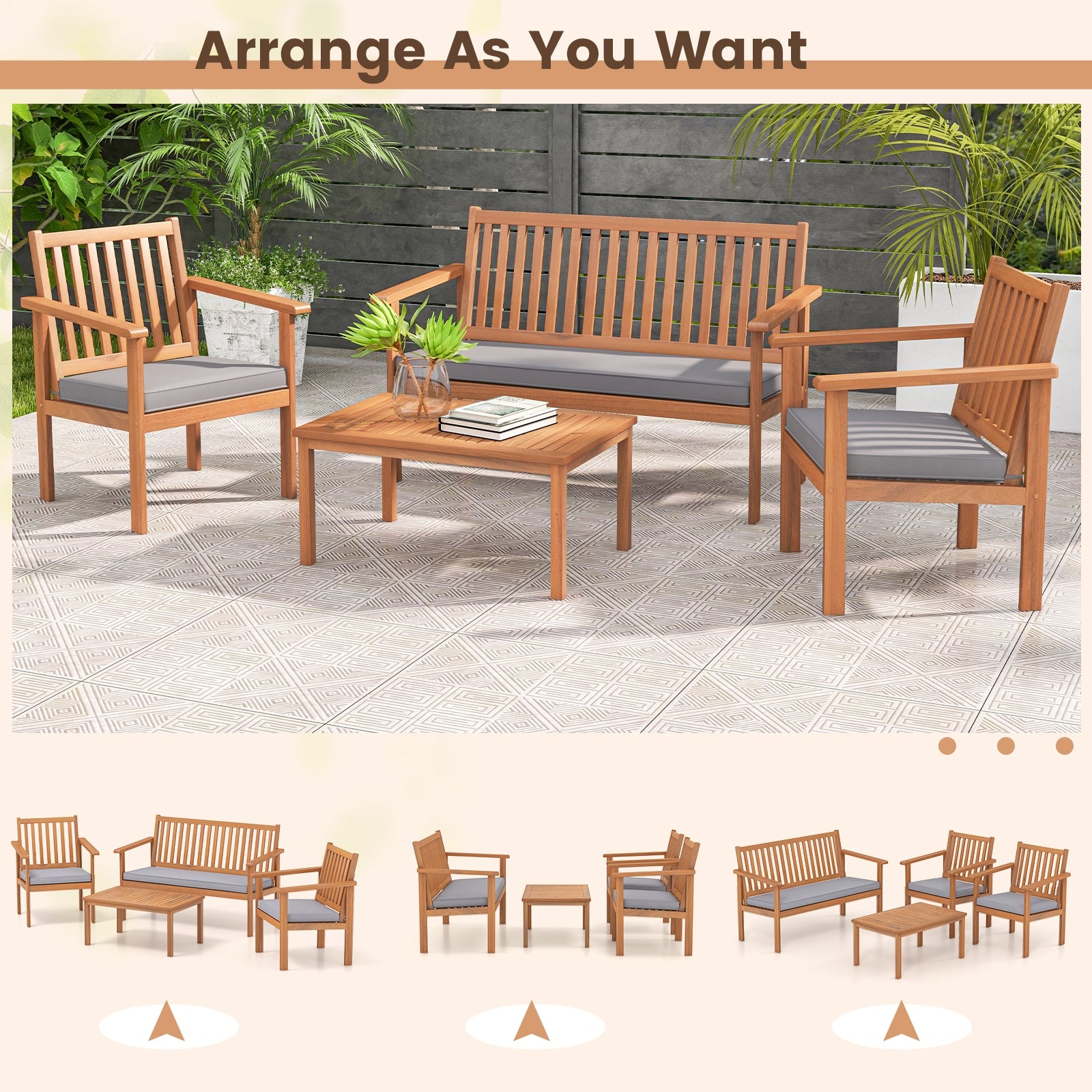 4 Piece Patio Wood Furniture Set Acacia Wood Sofa Set with Loveseat, Gray Patio Conversation Sets at Gallery Canada