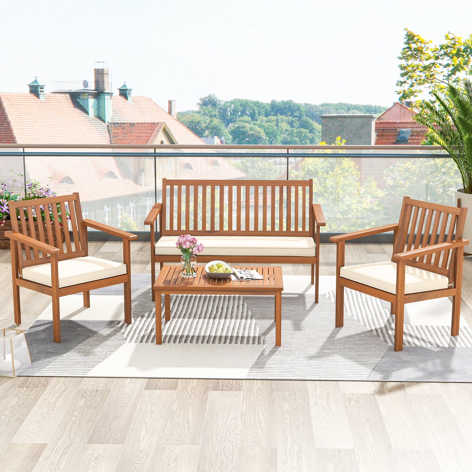 4 Piece Patio Wood Furniture Set Acacia Wood Sofa Set with Loveseat, Off White Patio Conversation Sets at Gallery Canada