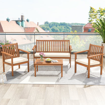 4 Piece Patio Wood Furniture Set Acacia Wood Sofa Set with Loveseat, Off White Patio Conversation Sets at Gallery Canada