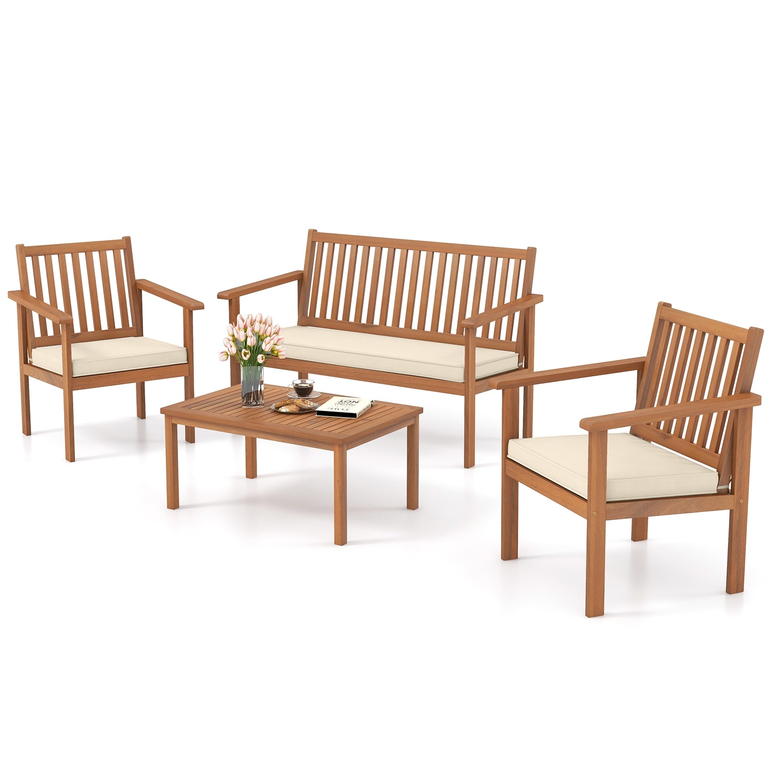 4 Piece Patio Sofa Set, Acacia Wood, Off White Patio Conversation Sets at Gallery Canada