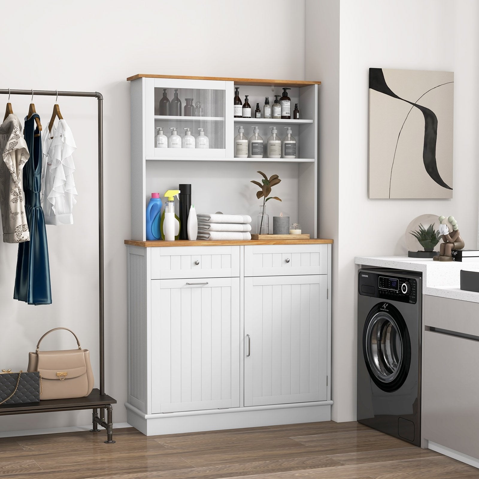 Double Tilt Out Trash Cabinet with Hutch and Rubber Wood Countertop, White at Gallery Canada