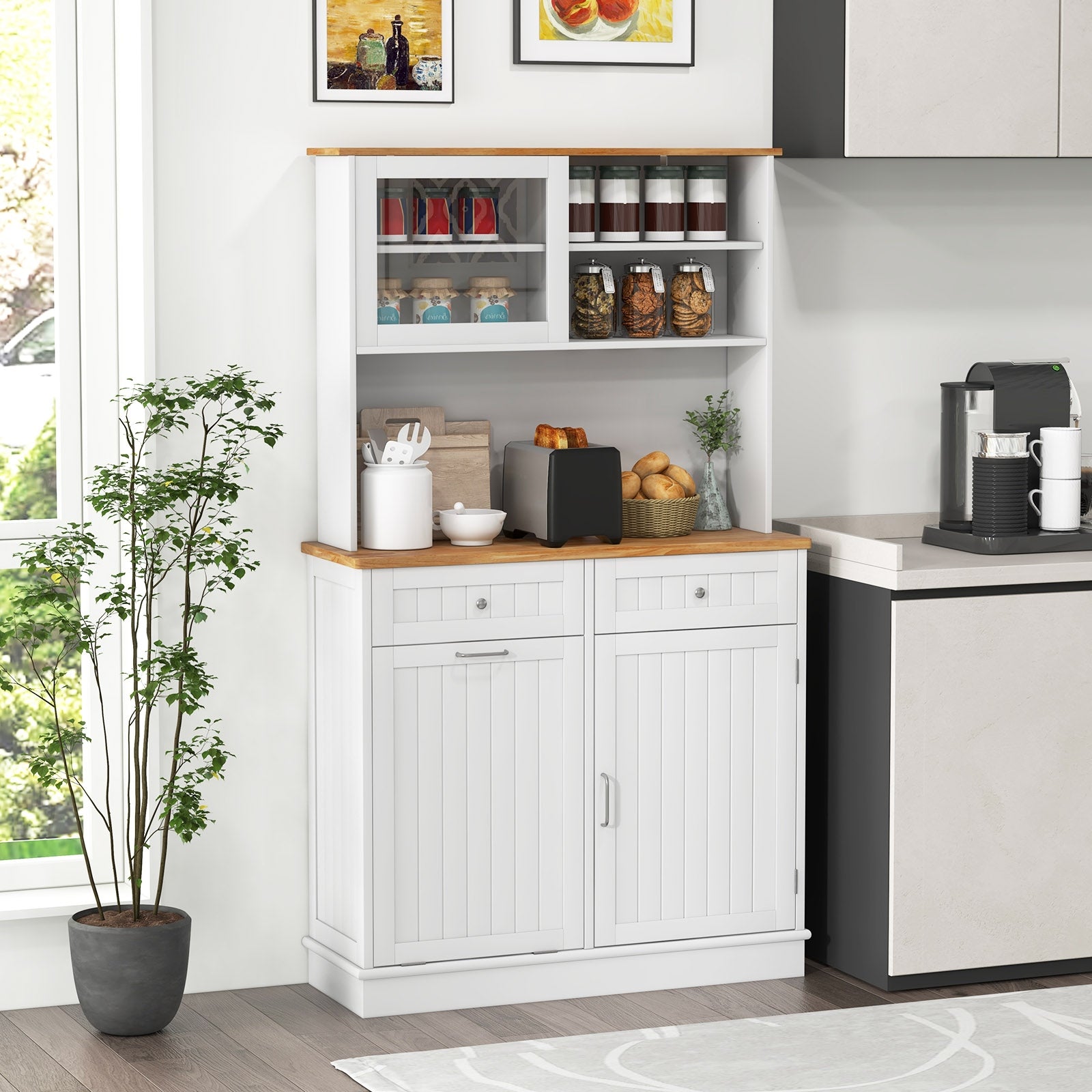 Double Tilt Out Trash Cabinet with Hutch and Rubber Wood Countertop, White Sideboards Cabinets & Buffets at Gallery Canada