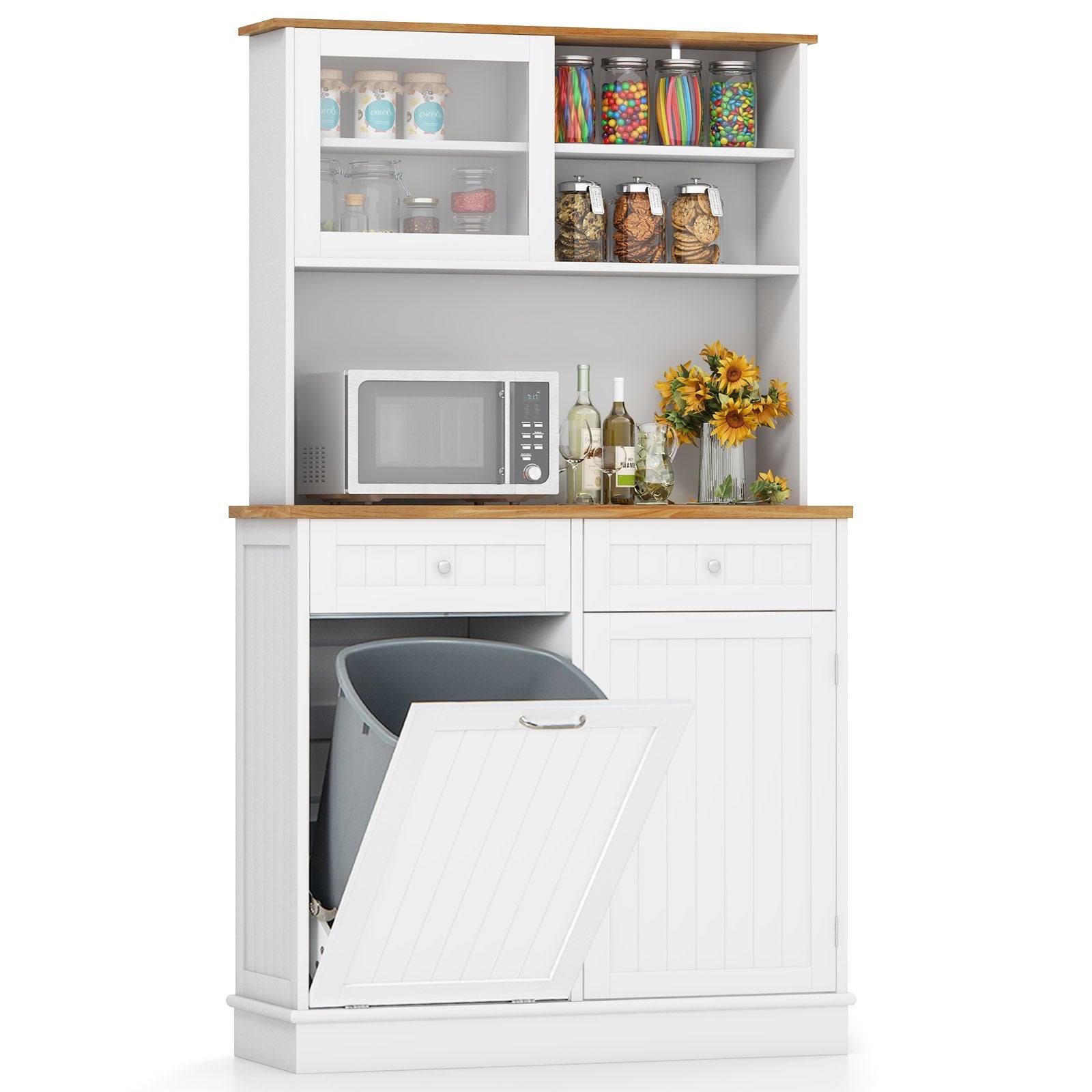 Double Tilt Out Trash Cabinet with Hutch and Rubber Wood Countertop, White Sideboards Cabinets & Buffets at Gallery Canada